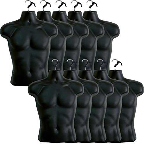 DisplayTown Black Male Mannequin Torso Hollow Back Body Stackable Dress Form with Hanging Hooks for Tshirt Display, Countertop, Craft Shows, Photos and Design, S-M Clothing Size (Black, Set of 10)