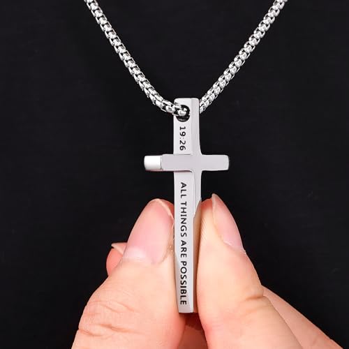 Fiusem Cross Necklace for Men, Inspirational Bible Verse Cross Chain for Men, Stainless Steel Box Necklace3