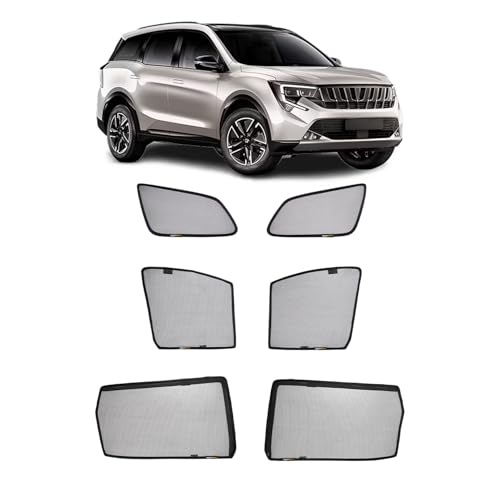 Image of Amazon Basics Side Window Sun Shade for Mahindra XUV 700 (2021 Onwards) - Front Half Cut + Rear Zipper | Custom-Fit Magnetic Car Curtains | Black | Pack of 6 Pcs | Cotton Mesh