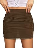 Avidlove Sexy Skirt Mesh Ruched Bodycon Casual Skirts for Women Basic Office Skirt Streetwear Brown Small