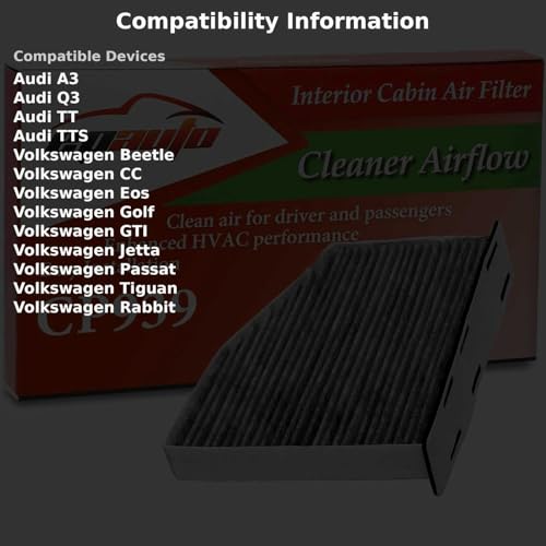 EPAuto CP939 (CUK2939) Cabin Air Filter, Replacement for Audi A3, Q3, TT, TT RS, TTS, Volkswagen Jetta, Passat, Golf, GTI, Tiguan, Beetle, Eos, CC, Rabbit - Fits 2006-2021 Models