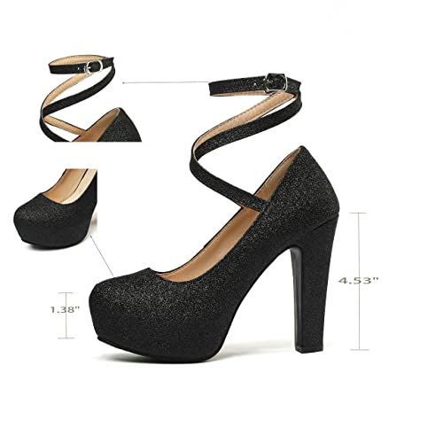 UniqueStride Womens Hidden Platform Block High Heel Sequin Glitter Pumps Chunky Heels Cross Strap Round Toe Wedding Bridal Party Shoes4