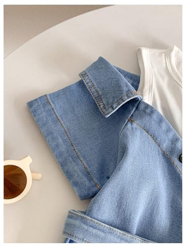 MakeMeChic Girl's Crew Neck 2 in 1 Midi Dress Short Sleeve A Line Belted Summer Denim Dresses3