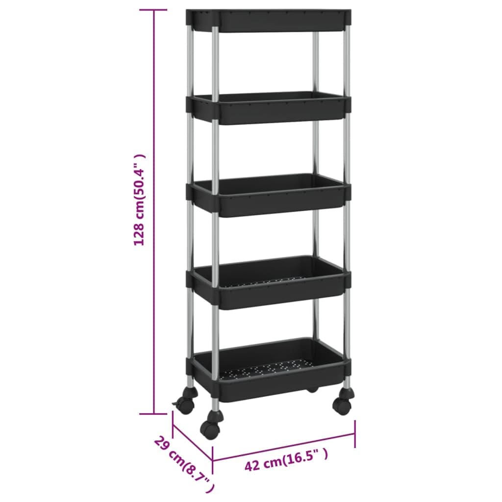vidaXL Carrito de Cocina Carro de Servicio Doméstico Niños Garaje Estantes Almacenamiento Alimentos Bebidas 5 Niveles Hierro y ABS Negro 42x29x128 cm