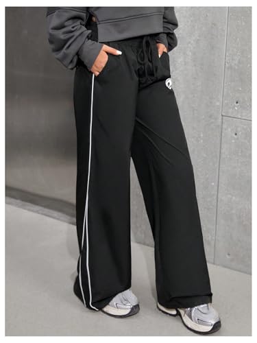 SHENHE Girl's Wide Leg Track Pants Side Stripe Drawstring High Waist Workout Baggy Pants4
