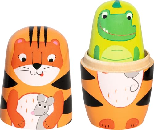 goki 60661 - Matroschka Puppen Tiger Tavi und Seine Freunde aus Holz, Tier-Stapelspiel Klassiker, Lernspielzeug zur Förderung der Motorik und Größenverständnisse, 5er Set, ab 2 Jahre