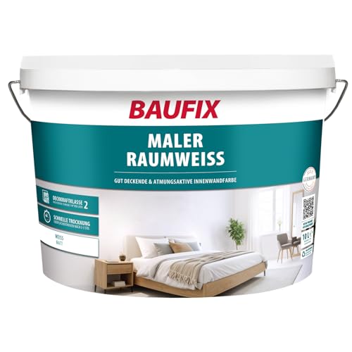 BAUFIX Maler-Raumweiß weiss, matt, 10 Liter, Weiße Wandfarbe, mit hoher Deckkraft, Innenfarbe mit Deckfähigkeit Klasse 2, für Wände und Decken
