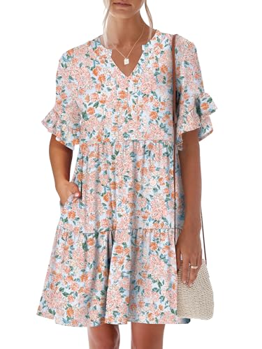 Image of ANRABESS Women's Summer Casual Dress, V-Neck Ruffle Sleeve Tiered Mini Dress, Soft Comfy Fabric with Pockets for All-Day Wear