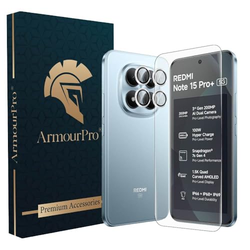 Image of ArmourPro UV Tempered Glass for Redmi Note 15 Pro Plus 5G with Silver Camera Ring Guard Combo, Crystal Clear Screen Protector, Case Friendly, Anti-Scratch, Bubble-Free Installation Kit