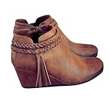 Fashare Womens Wedge Ankle Boots Braided Fringe Strap Western Heeled Winter Booties Shoes,Leather Brown, Size 8.5