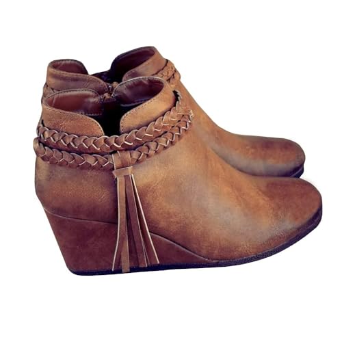 Fashare Womens Wedge Ankle Boots Braided Fringe Strap Western Heeled Winter Booties Shoes,Leather Brown, Size 8