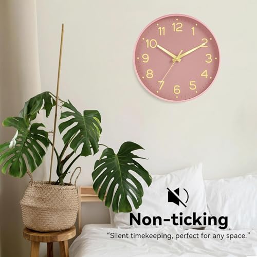 Image of Roymnie Wall Clock 12 Inch Silent Wall Clocks Battery Operated-Modern Non Ticking Analog Clock Decorative for Kitchen Bedroom Office (Pink Gold)