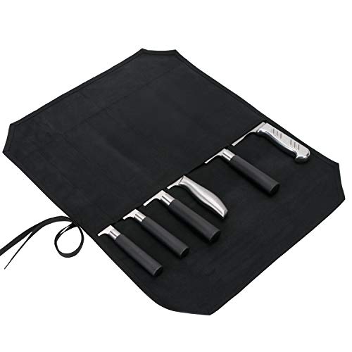 HERSENT Chef’s Knife Roll Case, Waxed Canvas Cutlery Knives Holders Protectors, Home Kitchen Cooking Tools and Utensils Wrap Bag Wallet, Multi-Purpose Brush Roll Bag, Travel Tool Roll Pouch (Black)