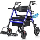 StrollAid Walkers for Seniors 2 in 1 Wheelchair Combo, 450 lb Foldable Rollator Transport Chair with Seat, Heavy Duty Rolling Walker 10" Wheels for All Terrain, Blue