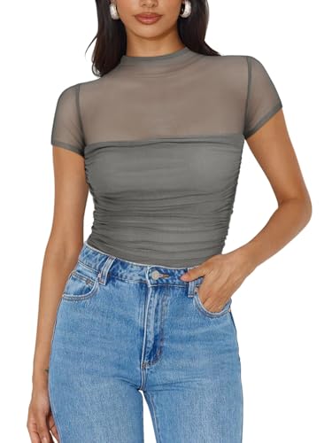 Image of REORIA Women's Sexy Mock Turtle Neck Short Sleeve Shirts Sheer Mesh Ruched Trendy Going Out Bodysuits Tops