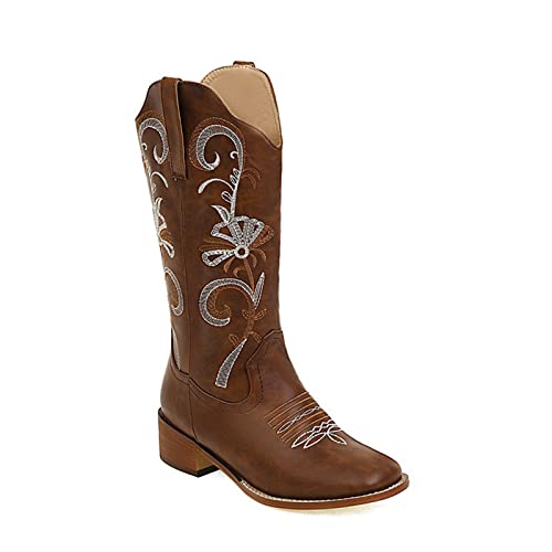 WOkismD Bottes De Cow-Boy All-Match Bottes pour Femmes Manches Brodées Bottes De Moto De Chevalier Bottes D'équitation À Bout Carré À Tube Moyen Rétro,Marron,43 EU Cover