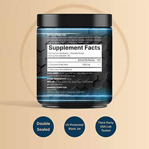 Naturebell L-Glutamine Powder Gut Health | 600 Grams, 5000Mg Per Serving, 100% Pure -Unflavored -Vegan Glutamine Powder For Post Workout Recovery, Immune Support -120 Servings #TOP1