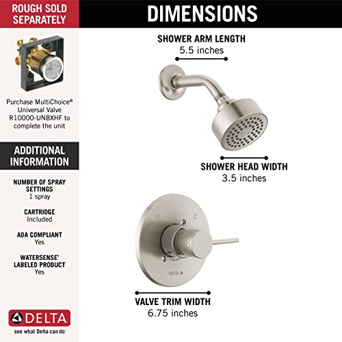 Image of Delta Modern 14 Series Shower Faucet Set, Brushed Nickel Shower Head and Handle Set, Valve Trim Kit, Stainless T14259-SS-PP (Valve Not Included)