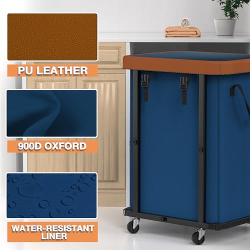 Image of 150L (40 Gal) Fashion Laundry Basket with Wheels, Leather Patchwork Rolling Hamper Carts, Sturdy Metal Frame, Removable Washable Bag, Tall Clothes Sorter for Bedroom, Laundry Room - Navy Blue