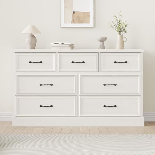 Garvee 7 Drawer Dresser for Bedroom, 55'' Wide Wooden Dressers with Metal Handle, Mid Century Modern Chest of Drawers Closet Clothes Storage Organizer for Living Room, Entryway, White White