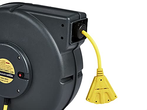 Amazoncommercial Extension Cord Reel Heavy Duty Retractable Long 12Awg X 65' Feet Industrial Grade 3C/Sjt Cable With Triple Tap Connector And Swivel Bracket Power Rating 15A 125Vac 1875W 60Hz #TOP1