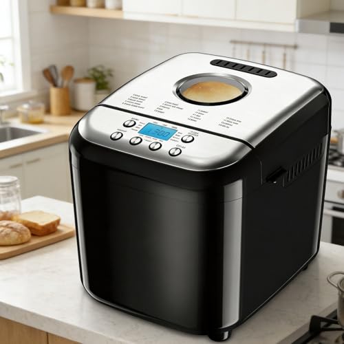 Programmable Digital Bread Maker, 2lb Automatic Machine with Nonstick Ceramic Pot, 19 Programmes & Delay Function, Stainless Steel for Gluten-Free, Dough, Sourdough, Yogurt