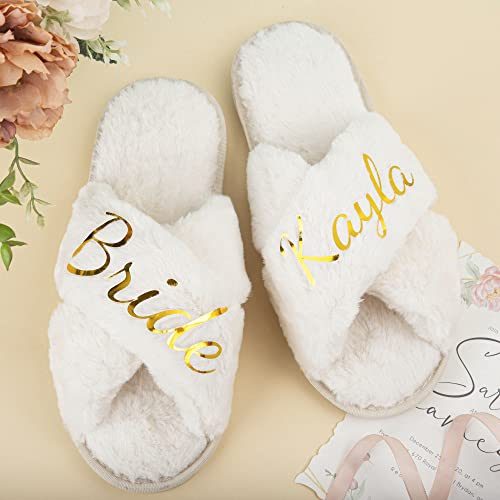Personalized Bridal Slippers, Fuzzy Cross Band Slippers for Women, Plush Fleece House Slide Shoes, Custom Gifts for Wedding, Bridesmaid, Birthday, Mom2