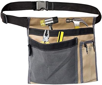 Cyleibe Tool Belt Pouch, 12OZ Multifunctional Canvas Waist Apron Tool pocket bags with Adjustable Belt Clip for Workshop Storage/Wood Working Tools/Screwdriver Pouch/Garden - Contrast Color Beige Grey