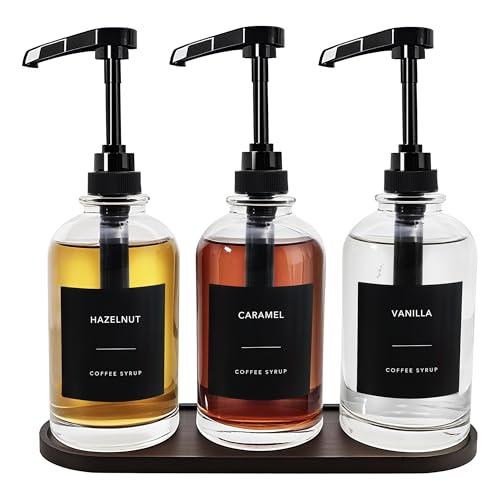 Coffee Syrup Dispenser for Coffee Bar, Glass Syrup Dispenser with 1/4oz Large Capacity Pump, Coffee Syrup Pump Dispenser Bottle for Coffee Station, Coffee Bar Organizer, Black with Tray,16.9oz