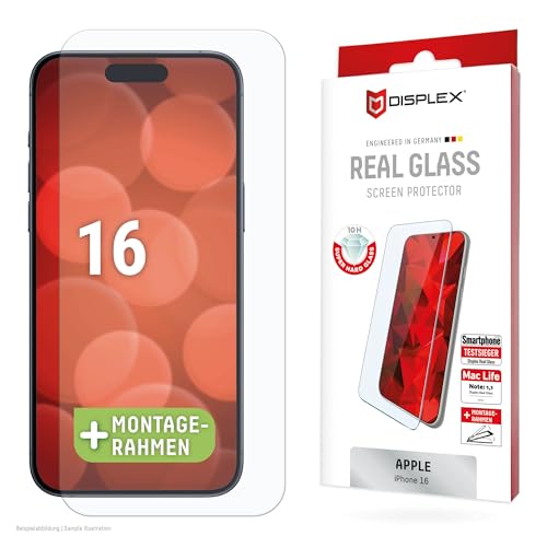 Displex Schutzglas fĂĽr iPhone 16, 15 Pro, 15 (10H), Eco-Montagerahmen