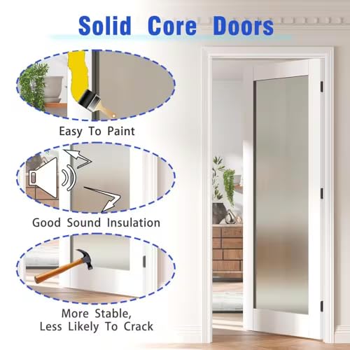 Image of 18 inch x 80 inch Pantry Door with Prehung Door Jamb, Left-Handed Interior Door, 1-Lite Frosted Glass, White MDF with Hardware Kit