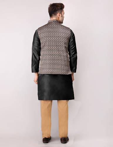 Image of Men's Cotton Silk Blend Regular Kurta Pyjama, Embroidered Nehru Jacket /Waistcoat Set