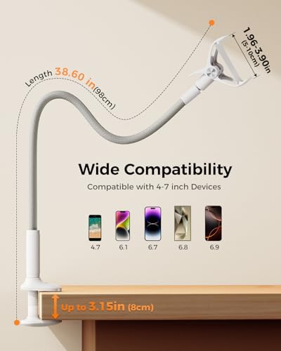 Image of SAIJI Gooseneck Phone Stand for Bed, Lazy Bracket Cell Phone Holder Long Arm Clip Clamp Mount for Filming, Compatible with 4-7'' Mobile Cell Phone Stand Document Camera Nintendo Switch(Grey)