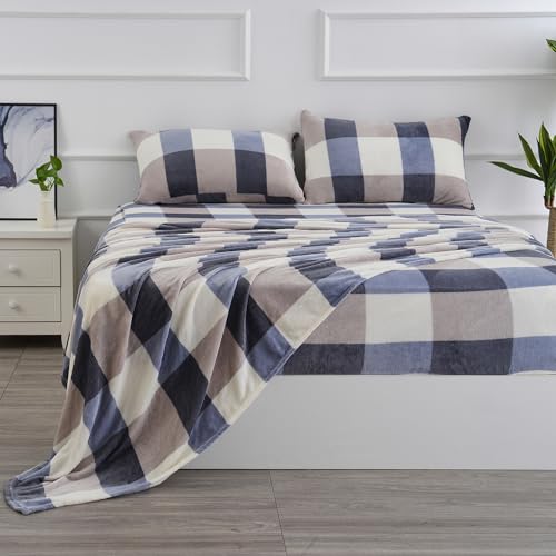Ultra Soft Micro Fleece Twin Size Sheets Set 3 Piece - Extra Soft Velvet Fleece Bed Sheet Set | Cozy Warm, Anti-Static, Non Pilling Fuzzy Velvet - Plaid - Blue/White