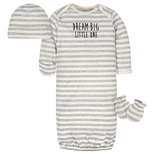 Gerber Baby Organic Gown, Cap and Mitten Set, Dream Big Gray, 0-6 Months