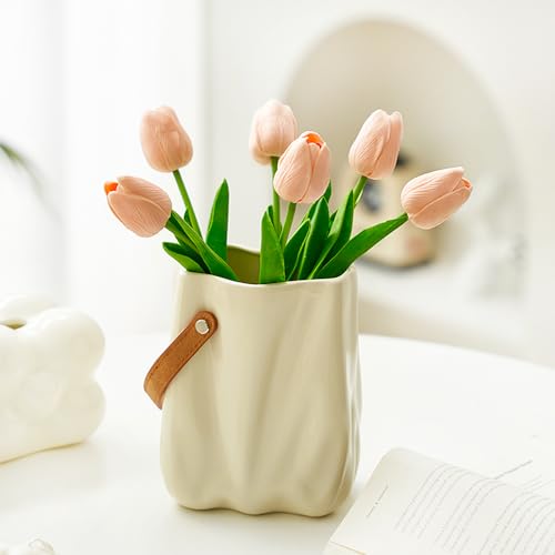 Vase Beige en Céramique pour Fleur, Petit Vase 15cm, Vase Céramique de Style Scandinave pour Décoration de Maison, Vase De Sac À Main - Vase Large avec Poignée en PU, Couleur Crème