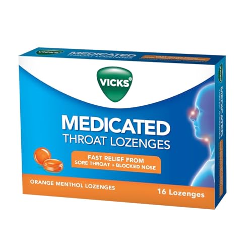 Image of Vicks Medicated Throat Lozenges, 16 Lozenges, Orange Menthol Flavor, Fast Sore Throat & Blocked Nose Relief, Portable and Effective, Essential for On-the-Go Cough and Cold Comfort