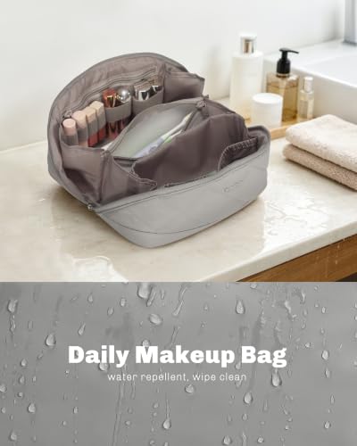 Image of Hynes Eagle Travel Makeup Bag for Women Puffy Cosmetic Organizer Pouch Open Flat Toiletry Bag for Toiletries Brushes Structured Base Light Grey
