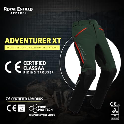 Image of ROYAL ENFIELD ADVENTURER XT RIDING TROUSER| CE level 2 armor at knee & hip | High abrasion resistance 610 D cordura fabric | Superfabric at Knees | Waistband adjusters | OLIVE 34 inch