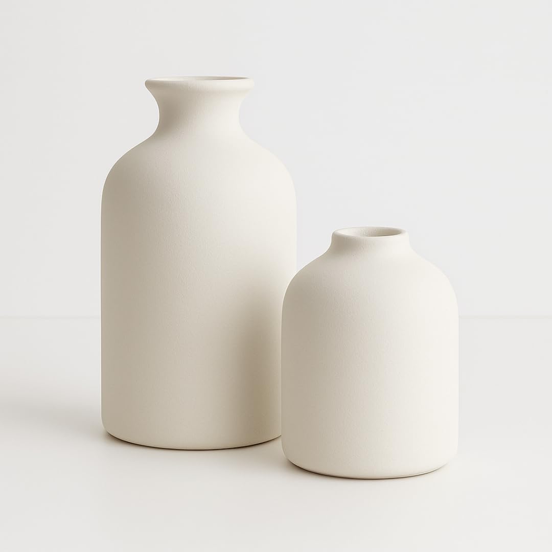 Pack 2 Jarrones Decorativos Cerámica Blanco Minimalista Estilo Nórdico Moderno Elegantes para Sala Estar Comedor Dormitorio Oficina Estantería Eventos Boda Detalle Mesa Centro Decoración Interior