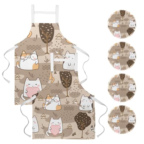 Lot de 2 tabliers multicolores avec 4 broches incluses motif chats mignons