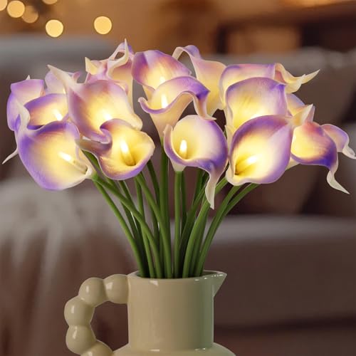 20pcs Lighted Artificial Calla Lily Bouquet Faux Floarl Night Light Real Touch Flower Night Light LED Calla Lily lighted Artificial Flower for Holiday Gifts Home Kitchen Decor(Light Purple No Vase)