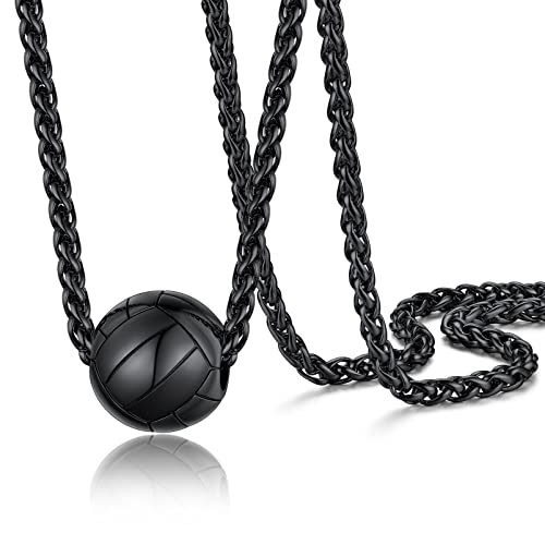 PROSTEEL 316L Stainless Steel 3D Football/Basketball/Volleyball/Baseball/Rugby Ball Cool Necklaces for Men, Sports Players Favors Jewelry, 22inch, Come with Box 7. Volleyball-Black