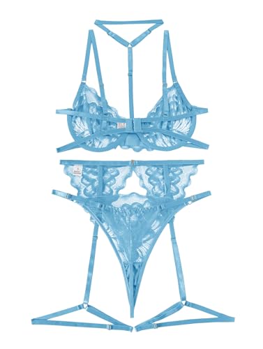 Image of Lilosy Sexy Choker Floral Lace Scallop Sheer Underwire Push Up Garter Belt Lingerie Set 3 Piece