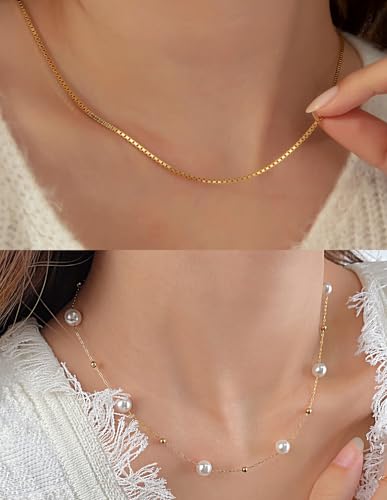 9Pcs 18k Gold Plated Necklaces for Women Love Heart CZ Bow Coin Circle Pendant Necklace Simple Pearl Satellite Beaded Choker Chain Box Chain Necklace Jewelry Set Adjustable Gold Silver Tone3