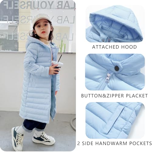 4-14 Years Boys Girls Long Lightweight Hooded Puffer Jacket Packable Water-Resistant Autumn and Winter Parka Long Down Coats4