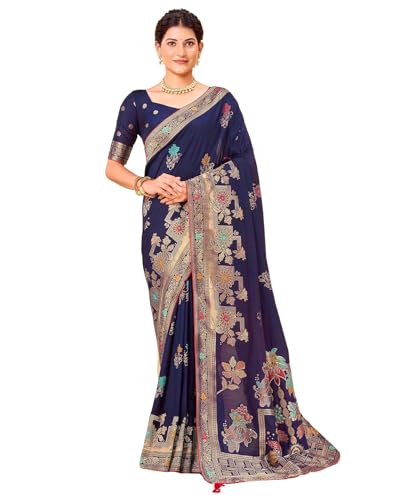 Image of SIRIL Women's Silk Kashmiri Minakari Jacquard Saree With Unstitched Blouse Piece