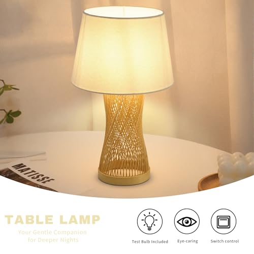 Image of Boho Table Lamp, 17 inch Bamboo Bedside Lamp for Living Room | Farmhouse Nightstand Lamp for Bedrooms, End Tables, Home Decor, Handwoven rattan Base, Linen Shade, E26 Socket