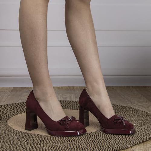 Women's Suede Platform Pumps with Bow Square Closed Toe Chunky Block High Heels for Women 3.5 Inch Ladies Slip On Comfortable Dressy Shoes2