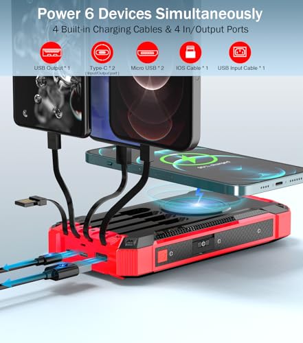 Image of GOODaaa Power Bank Wireless Charger 36000mAh Built in 4 Cables Six Outputs 15W Fast Charging Power Bank for All Mobile Devices Three Inputs Solar Portable Charger with Dual Flashlights, Carabiner